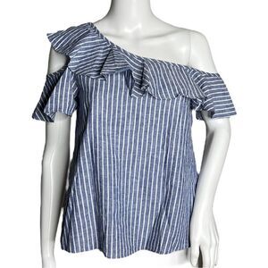 Madewell Shirt Women 0 Blue White Stripe One Shoulder Ruffle Top Casual Nautical
